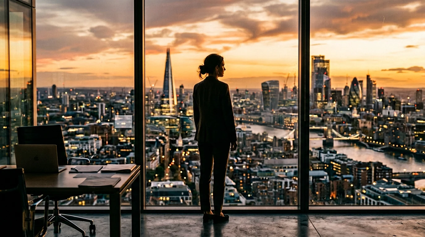 A woman pausing at a window at golden hour